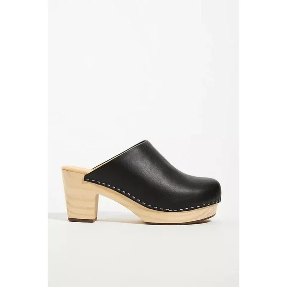 Nisolo Leather‎ Closed Toe Slip On Wooden All Day Mule Heeled Clogs BLACK - Picture 3 of 6